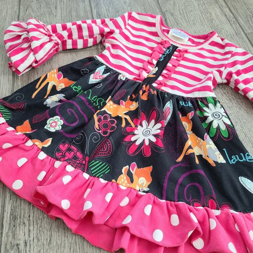 Little girl Bambi tunic dress pink & white striped Thumper floral ruffles sz XS